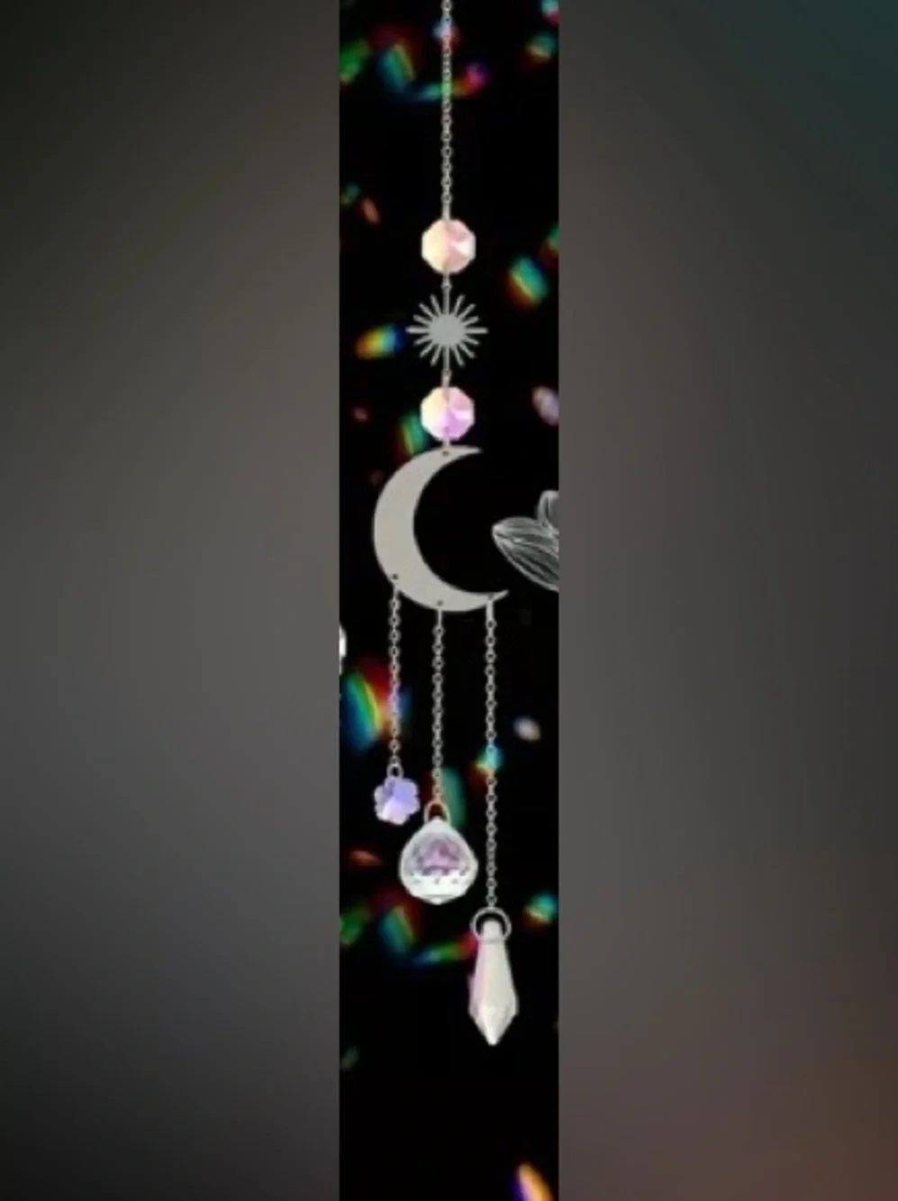 Set of 2 Hanging Moon & Ginkgo Crystal Suncatchers - Iridescent